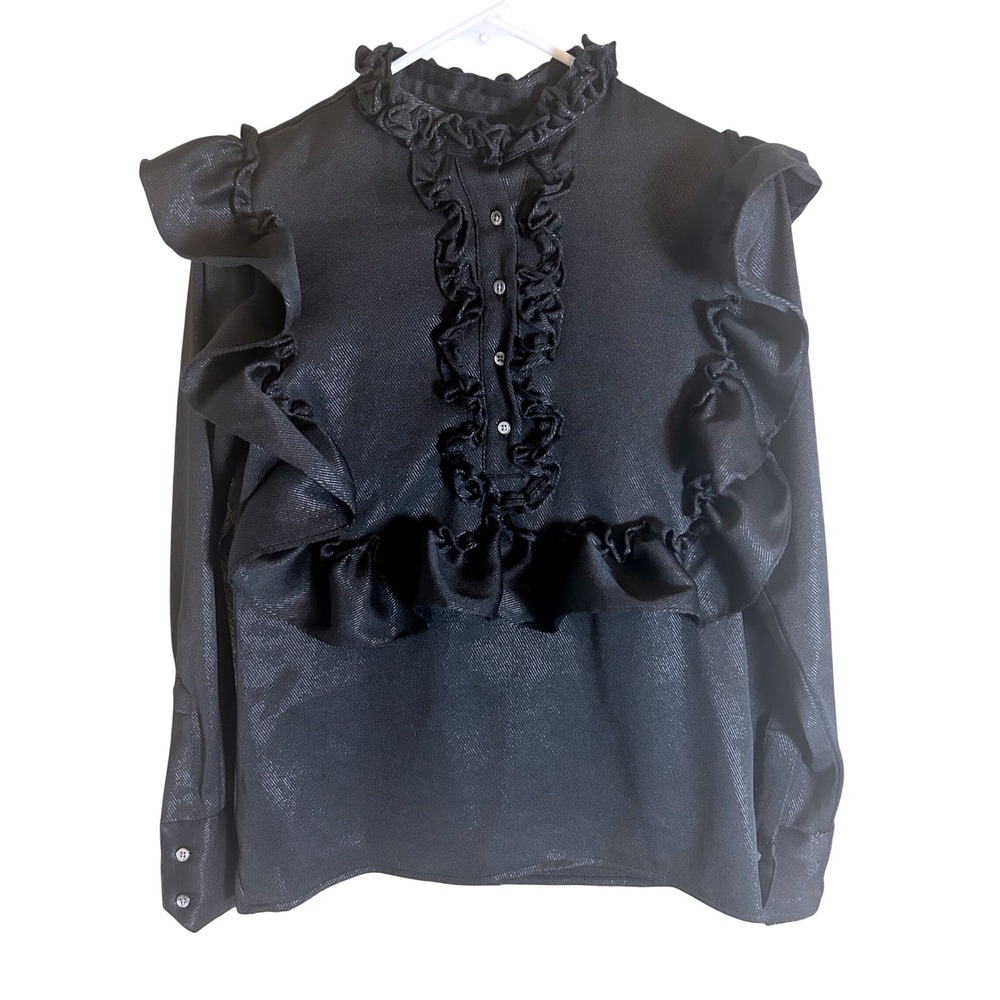 Double R by Ravi Ratan Blouse Women Medium Black Ruffle Metallic Lurex